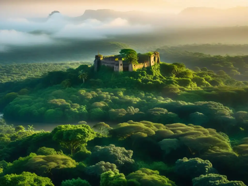 Selva africana al atardecer con ruinas antiguas entre la frondosidad, evocando ciudades de oro en África