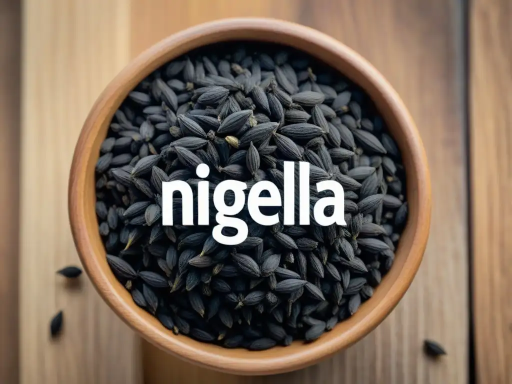 Semillas de Nigella beneficios inmunológicos: Detalle de semillas en círculo sobre madera rústica, con luz natural y sombras suaves