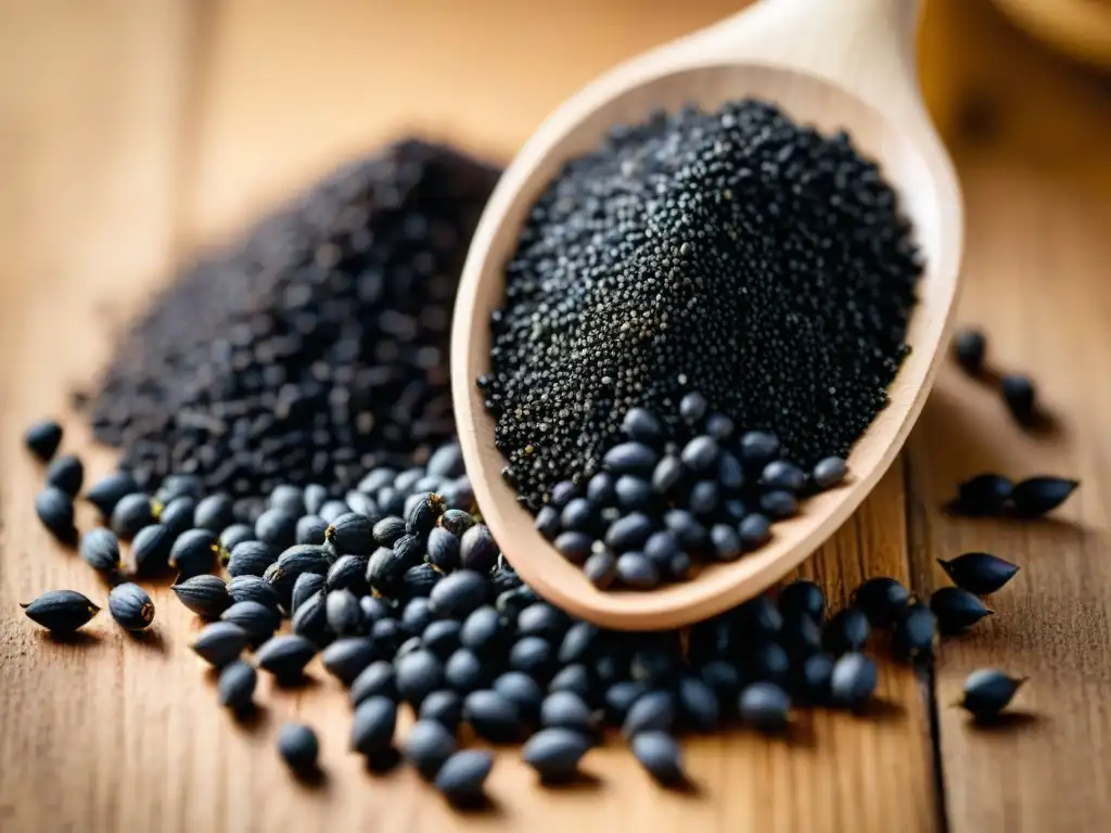 Semillas de Nigella: detalle de salud inmunológica en semillas negras sobre madera rústica