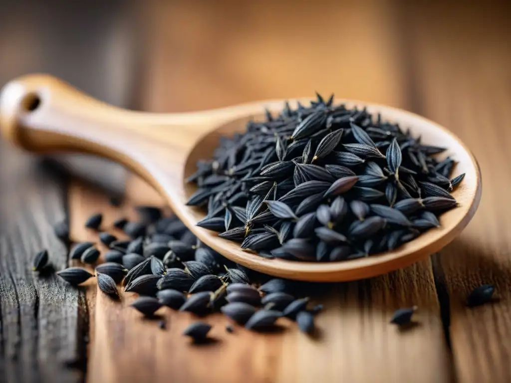 Semillas de Nigella brillantes sobre madera rústica, destacando sus beneficios inmunológicos
