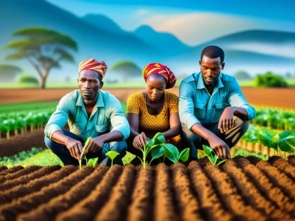 Plantando semillas con sabiduría y belleza en un campo africano vibrante bajo el sol