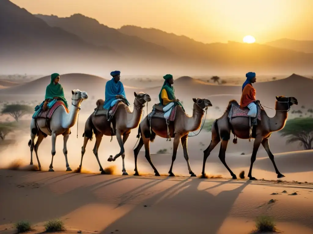 Siluetas de camellos en caravana cruzando el desierto africano al atardecer, destacando la importancia de los camellos en África