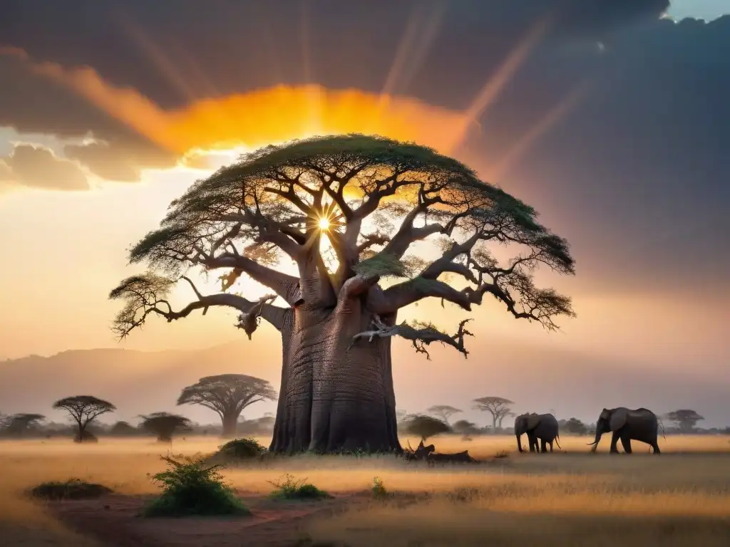 Simbolismo africano en paisajes naturales: Baobab majestuoso al amanecer con elefantes pastando