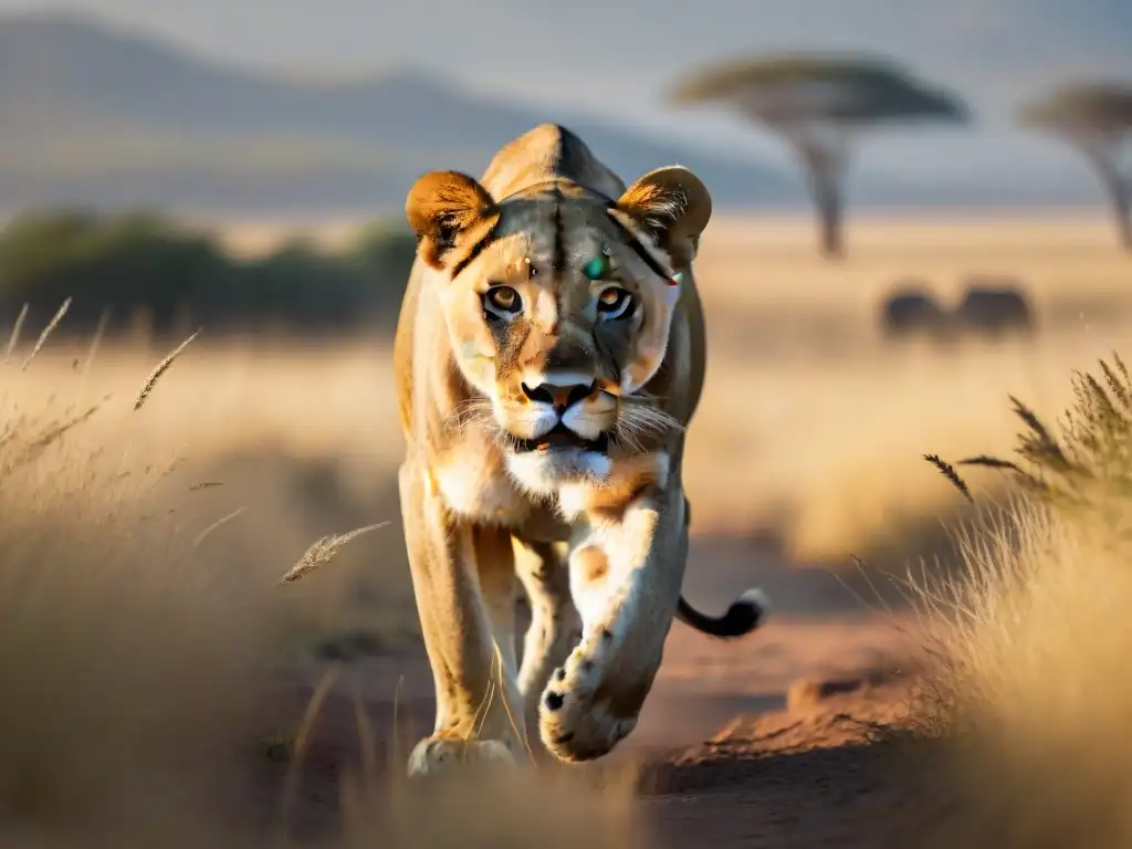 Simbolismo de la cacería africana: Majestuosa leona acechando a su presa en la sabana dorada