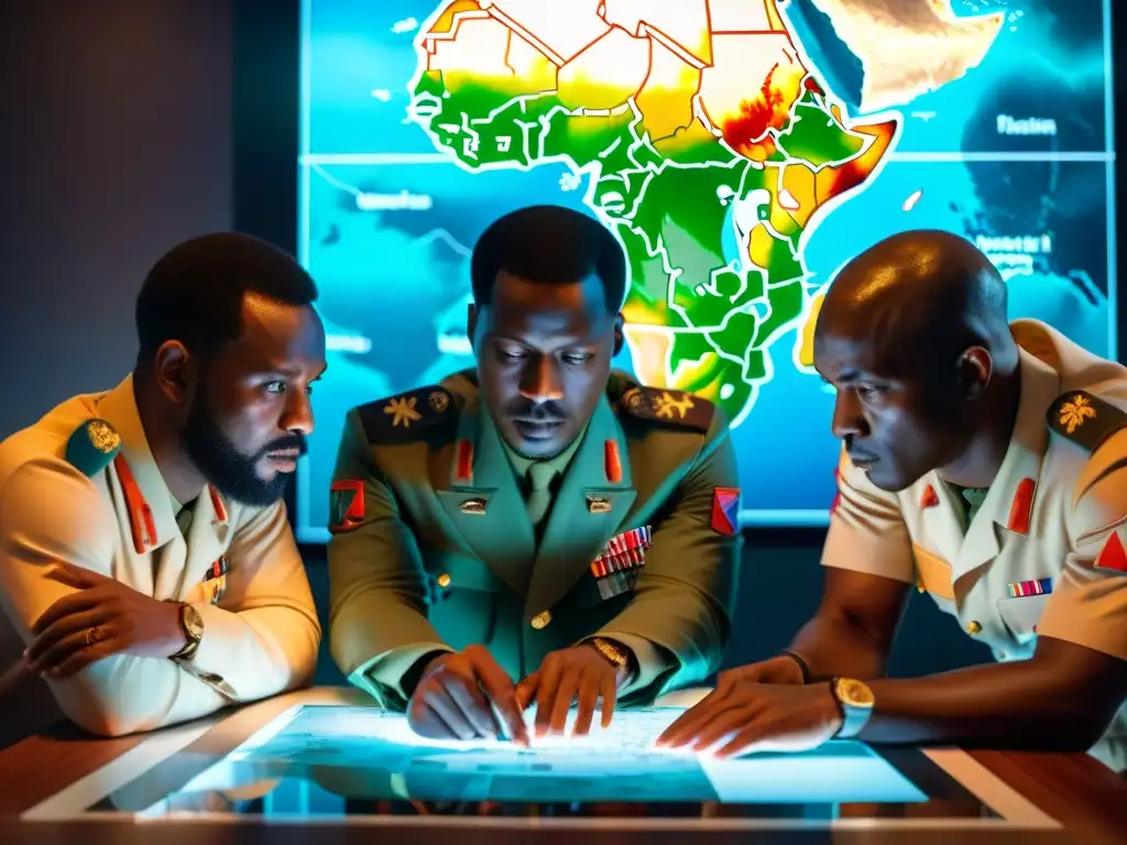 Simulaciones estrategias militares africanas: Estrategas africanos en sala de guerra, enfocados en mapa digital de batallas antiguas