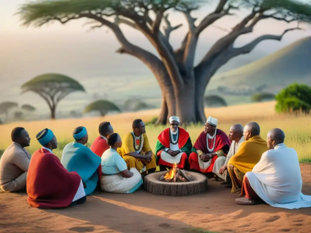 Sistema de gobierno de los Zulúes: Ancianos debaten bajo árbol en aldea sudafricana, jóvenes escuchan atentos al atardecer africano