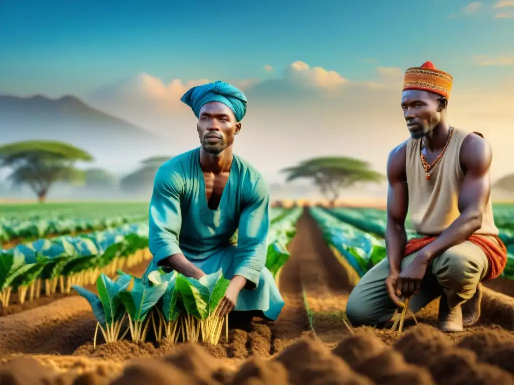 Revolución agrícola en sociedades africanas antiguas: agricultores trabajando en colaboración en campos verdes y cielos azules