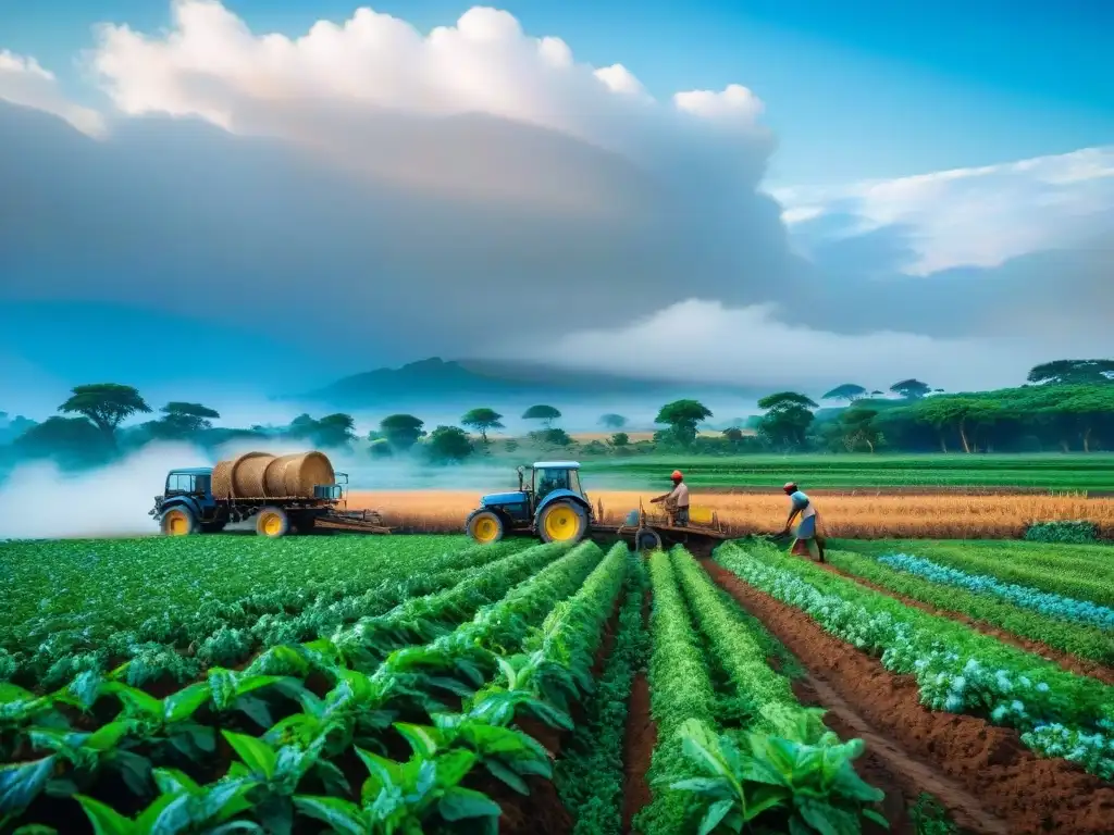 Revolución agrícola en sociedades africanas antiguas: agricultores trabajando en campos verdes bajo cielo azul vibrante