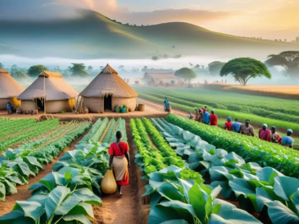 Revolución agrícola en sociedades africanas antiguas: asentamiento agrícola con cultivos florecientes, agricultores y activo mercado comunitario