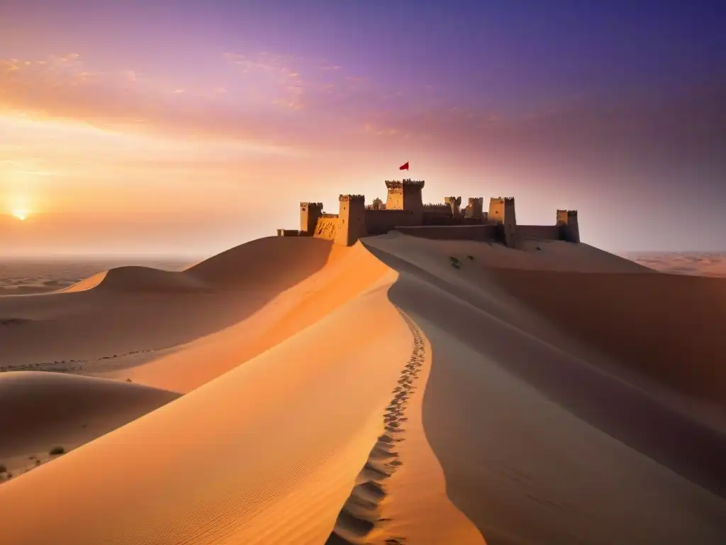 El sol se pone sobre el vasto desierto del Sahara, iluminando un castillo en una duna de arena