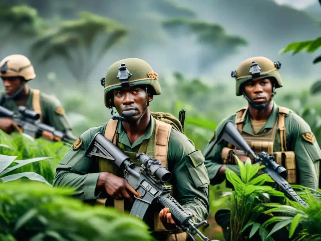 Soldados africanos en la jungla, estrategias militares africanas tecnología guerra, rostros pintados, preparándose para ataque