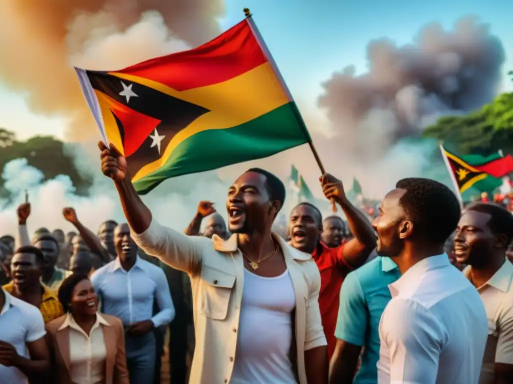 Soldados mozambiqueños celebran la independencia en 1975, ondeando la bandera nacional entre fuegos artificiales y multitudes jubilosas