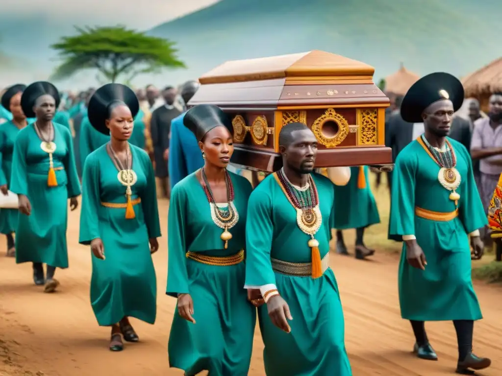 Solemne procesión fúnebre en Reino de Ife o Benín, con vestimenta ceremonial y danzas