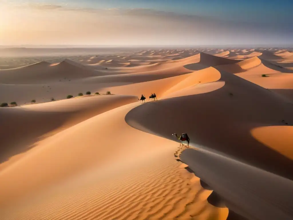 Un solitario caravan de camellos atraviesa las dunas del Sahel, bajo un cielo azul