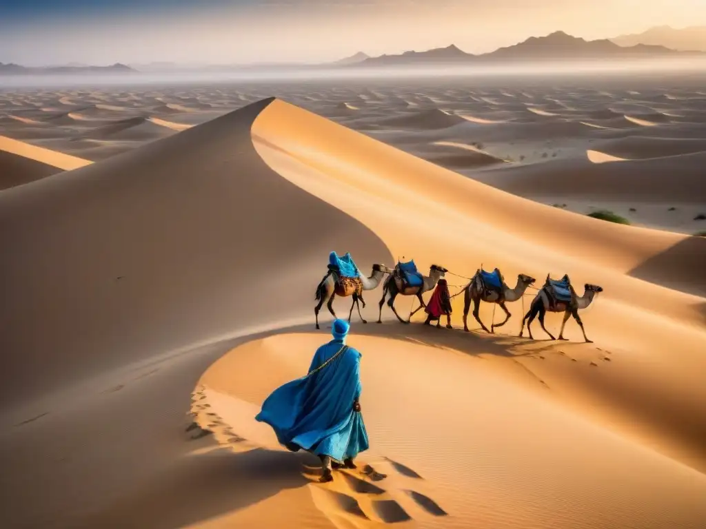 Un solitario nómada guía camellos en el vasto desierto dorado de Mauritania, evocando la historia de las civilizaciones africanas