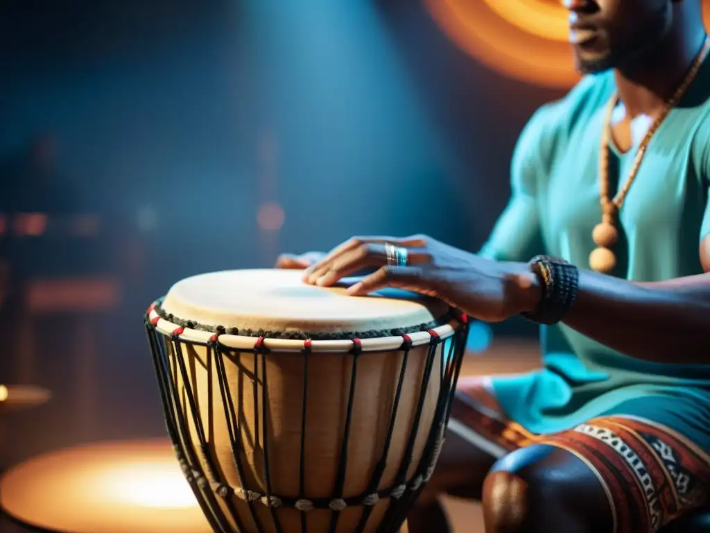 El sonido ancestral del djembe africano resuena en un estudio moderno, fusionando influencia música africana tecnología moderna