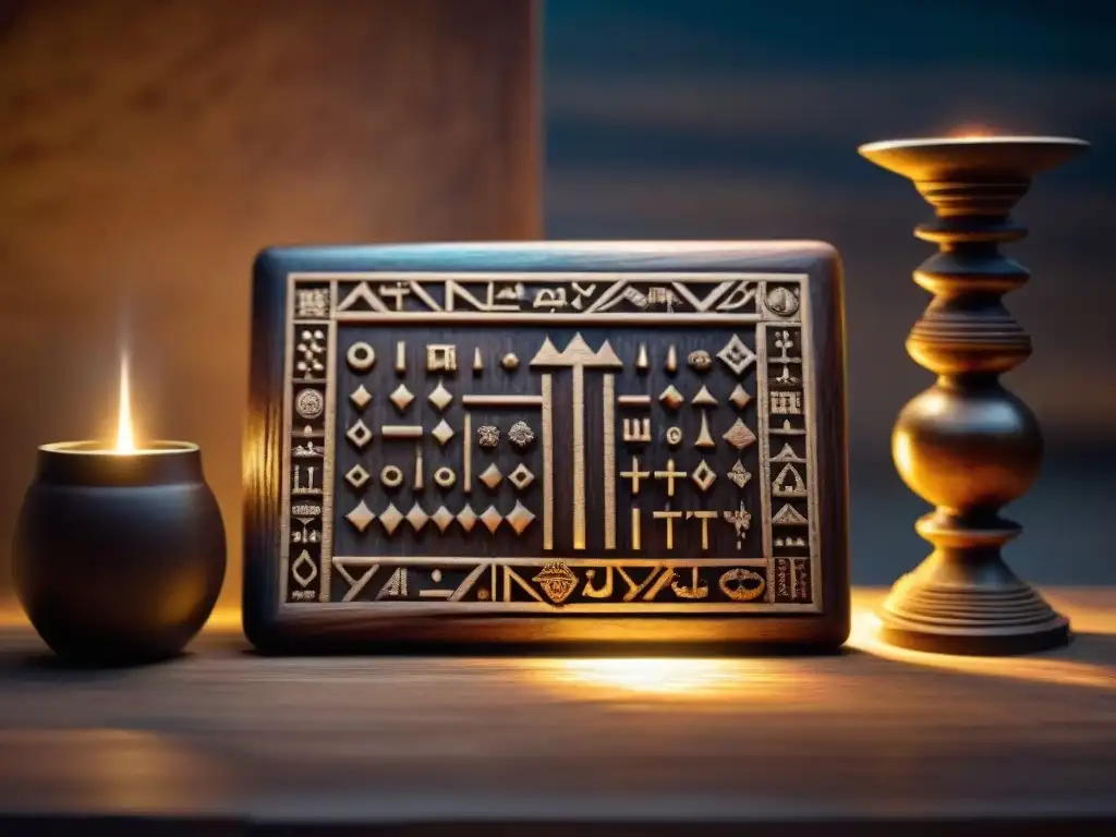 Tableta de madera tallada con símbolos de numerología africana antigua iluminada por la luz de antorcha en choza tenue