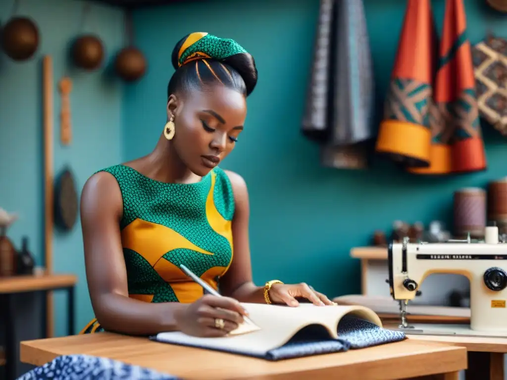 Inspiración moda diseño África: taller creativo de diseñadores de moda africana rodeados de telas vibrantes y máquinas de coser