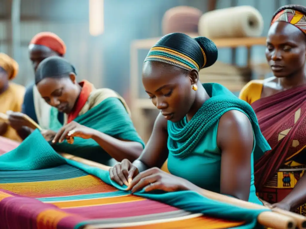 Un taller vibrante donde artesanos africanos trabajan juntos con tecnología textil para crear bellas telas