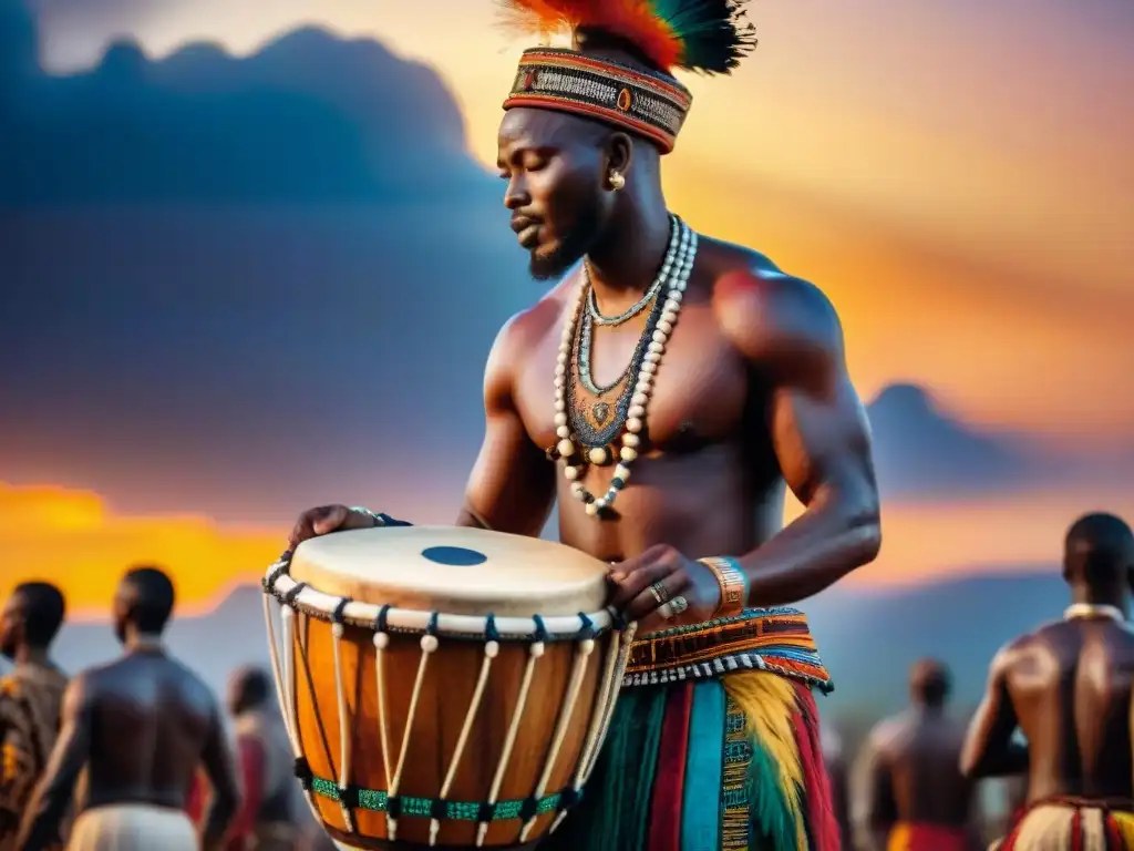 Un tambor de madera con intrincados patrones y símbolos, decorado con cuentas y plumas, bajo un vibrante atardecer africano