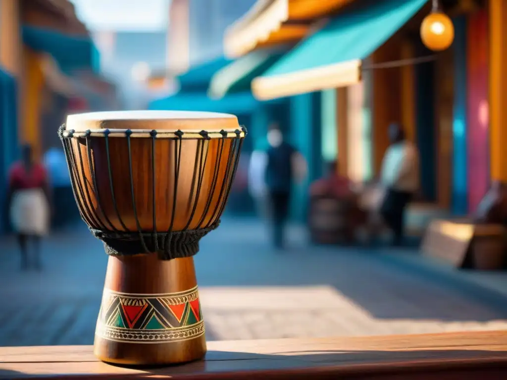 Un tambor djembe tallado con patrones africanos antiguos, en un mercado vibrante