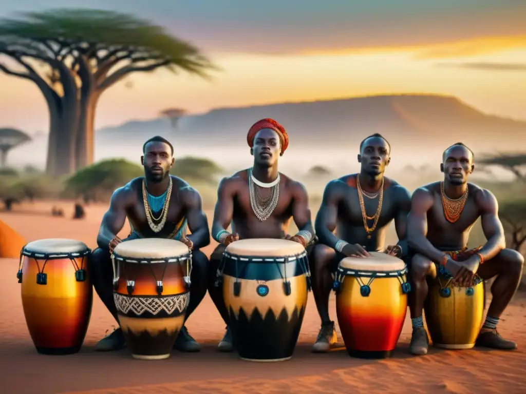 Tambores africanos en vibrante atardecer, comunicación divina con la tierra