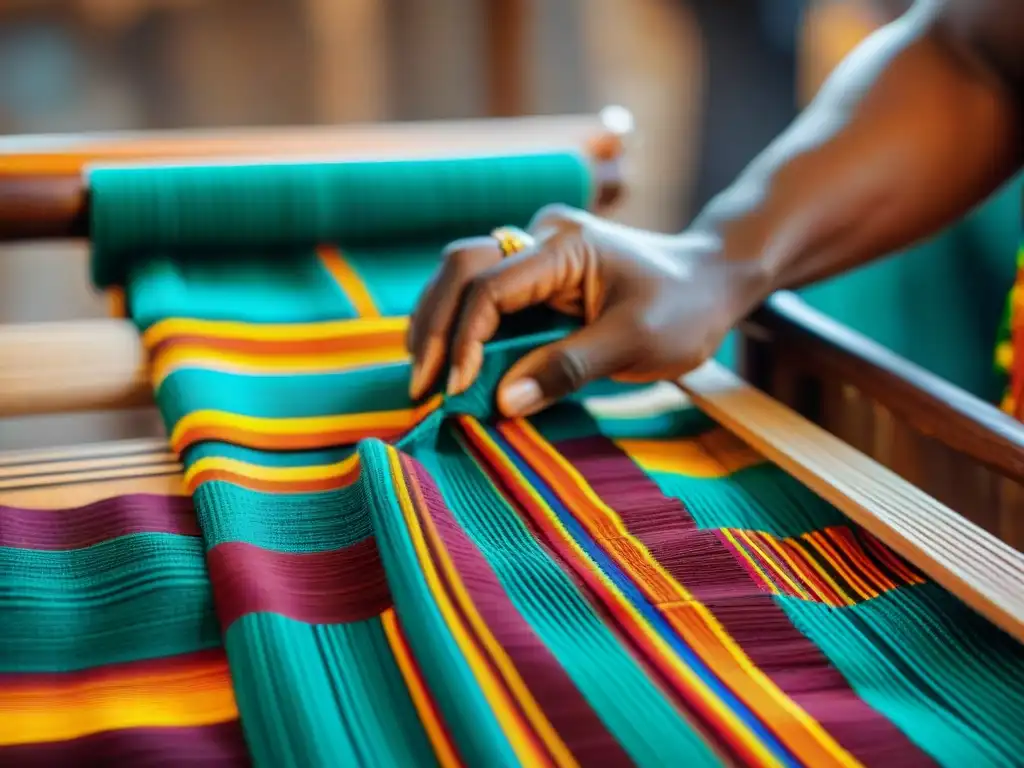 Tejido de Kente africano en telar tradicional, resaltando la significancia de los colores en la vestimenta ritual africana