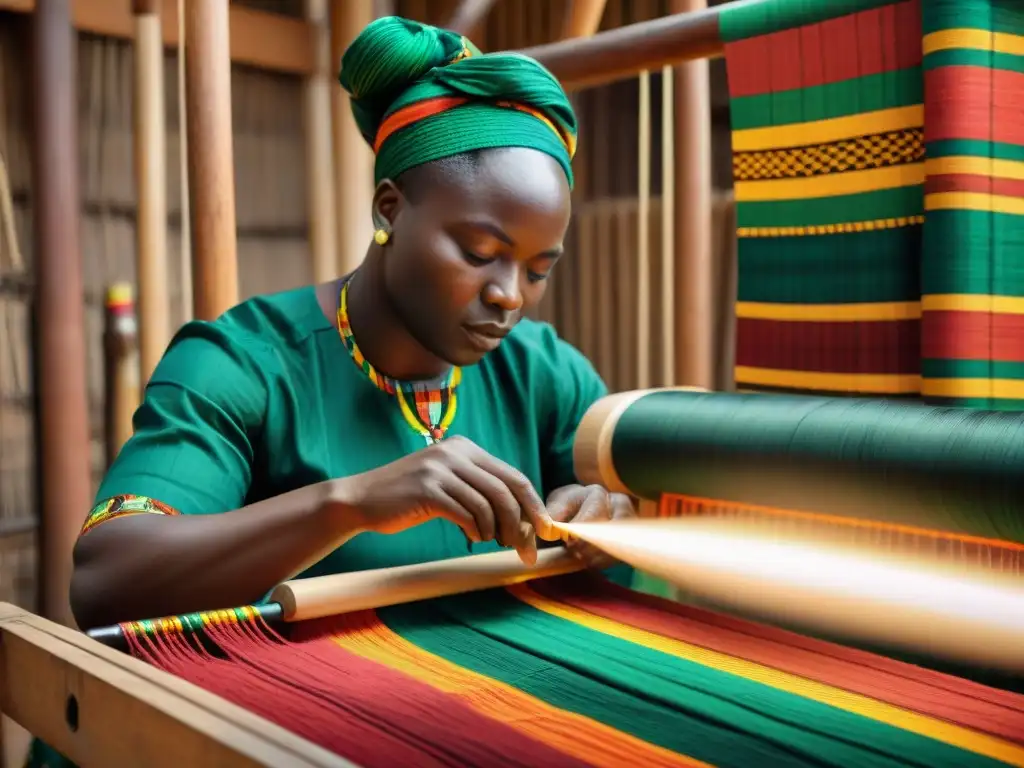 Tejido de Kente en telar tradicional por hábil artesano en Ghana