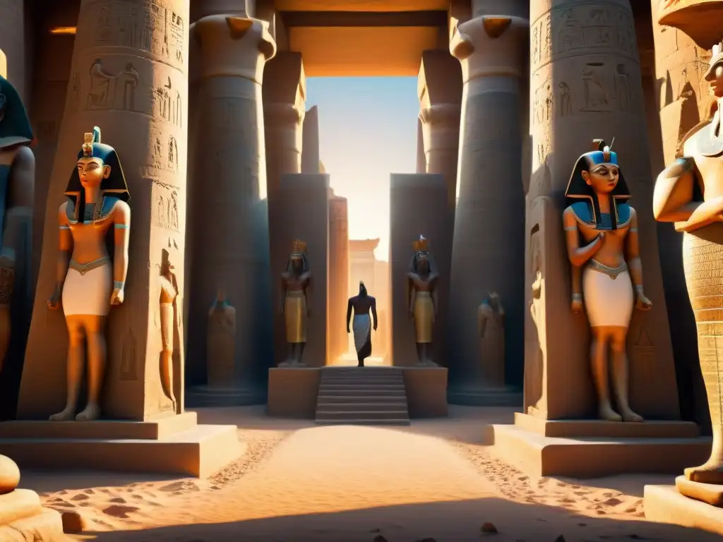 Templo egipcio ancestral al atardecer: luces y sombras Templo egipcio antiguo al atardecer, con sombras largas en las intrincadas inscripciones y estatuas