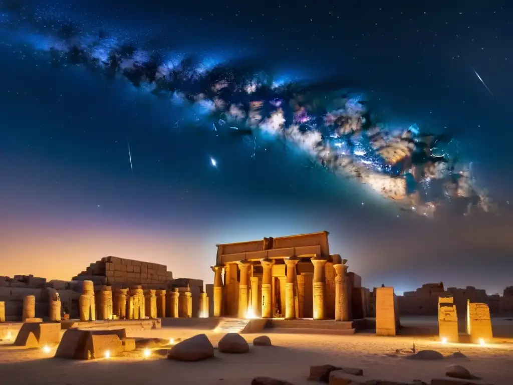 Templo de Karnak iluminado por antorchas bajo un cielo estrellado con la constelación de Orión