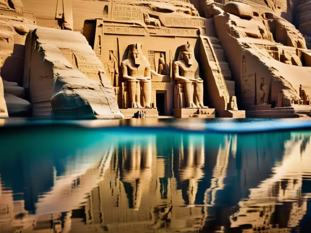 Templos sumergidos de Nubia en el lago Nasser: Ruinas del Templo de Amón en Abu Simbel, reflejadas en aguas tranquilas