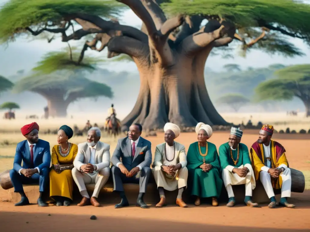 Conversación tensa entre ancianos africanos y colonizadores europeos bajo un árbol, reflejando la influencia colonial en las leyes africanas