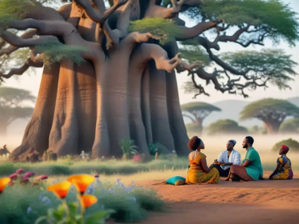 Una terapia al aire libre bajo un baobab, reflejando la salud mental en civilizaciones africanas