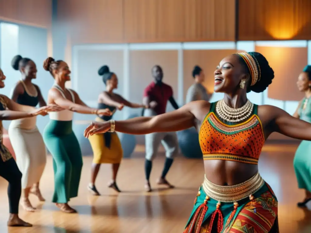 Terapias de movimiento africanas beneficios: Grupo diverso disfruta sesión de danza terapéutica africana, llena de energía y pasión