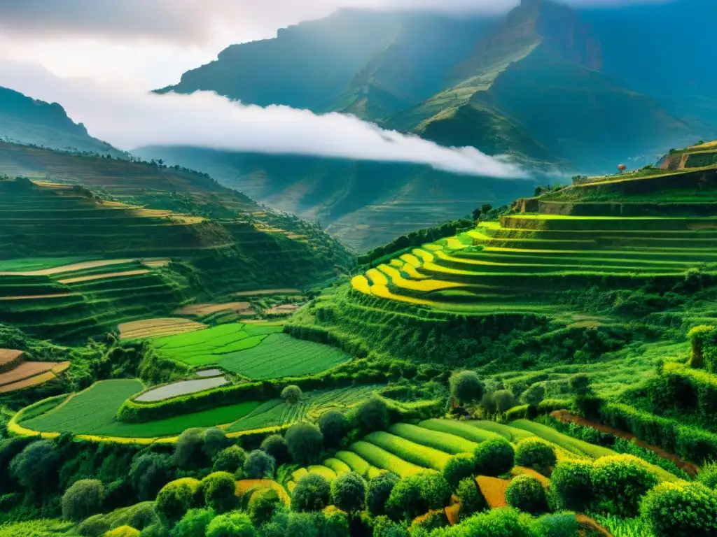 Terrazas agrícolas etíopes ingeniería: Antiguas terrazas en las montañas, repletas de cultivos verdes en altiplanicie etíope