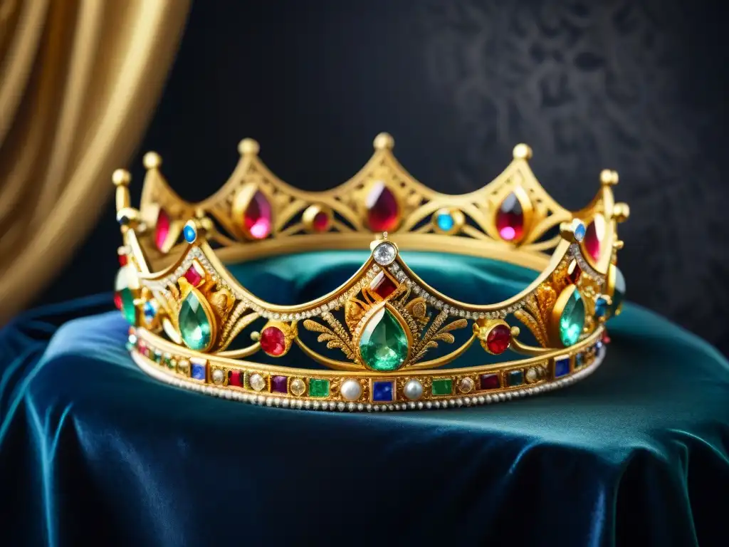 Corona de oro africana: majestuosidad ancestral en gemas y grabados Un tesoro recién descubierto: corona dorada con gemas y grabados, en un fondo de terciopelo negro