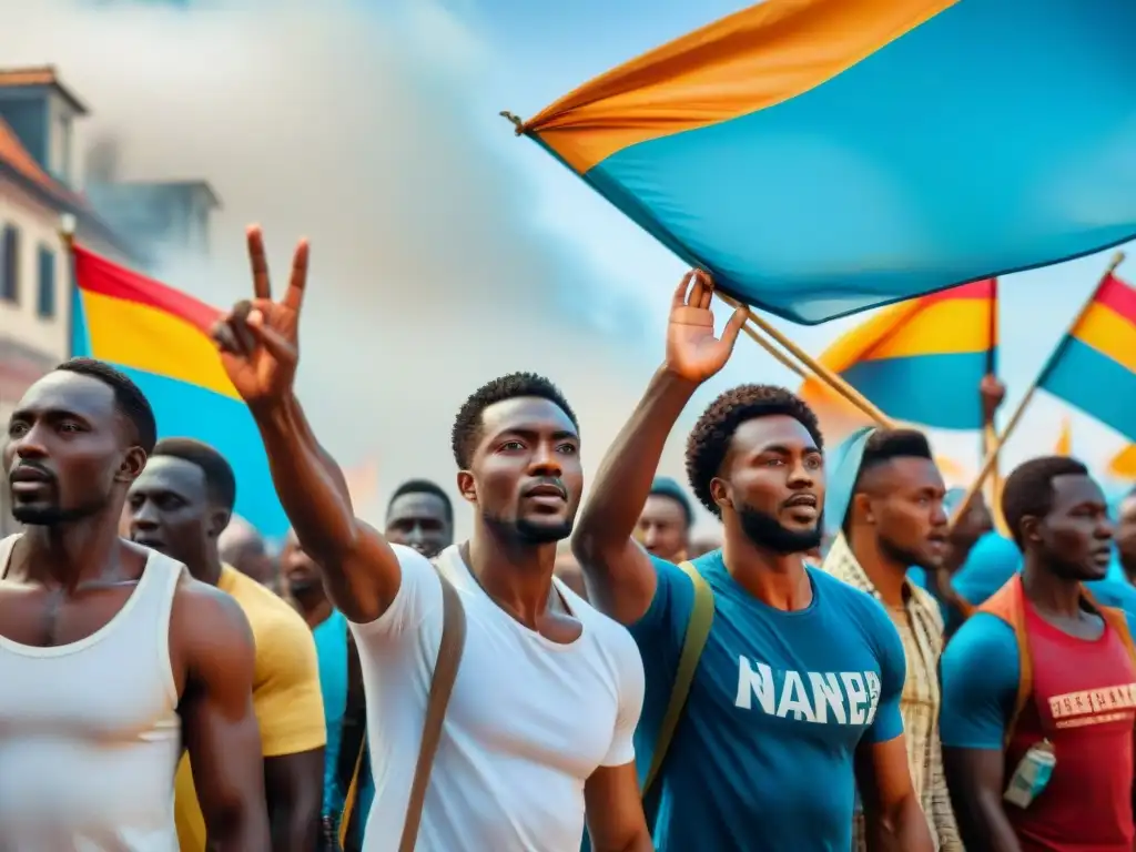 Protesta obrera africana: unidad y empoderamiento en la lucha Trabajadores africanos marchando con banderas y pancartas en protesta, simbolizando la solidaridad y el papel de los trabajadores africanos