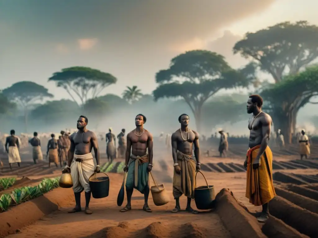 Trabajadores africanos esclavizados en plantación bajo el sol abrasador, mostrando los sistemas de esclavitud en África