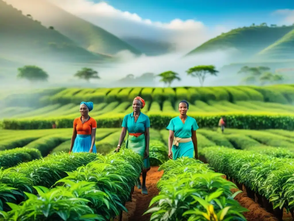 Trabajadores africanos recolectando té en plantación vibrante Trabajadores africanos cosechando té en plantación verde bajo sol brillante