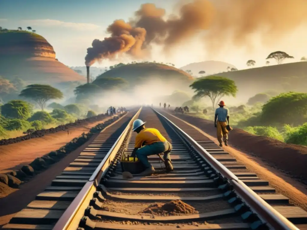 Trabajadores africanos construyendo vías de ferrocarril en África colonial bajo el sol abrasador, supervisados por ingenieros