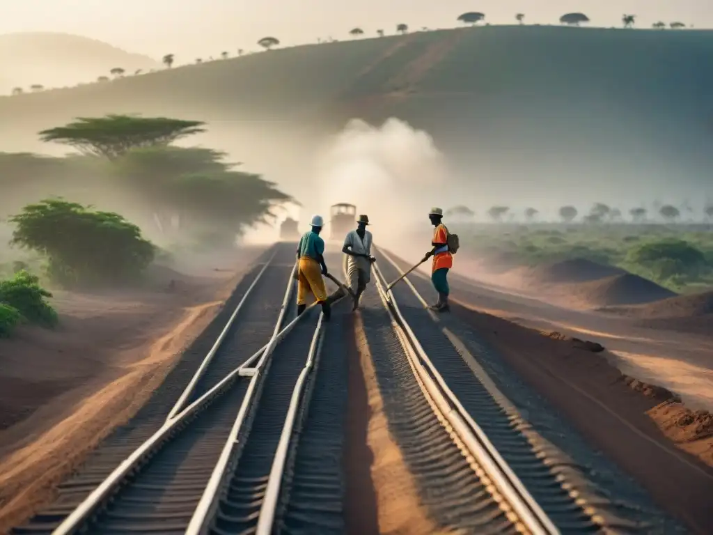 Trabajadores africanos construyendo vías bajo el sol en África colonial para Ferrocarriles en África colonial