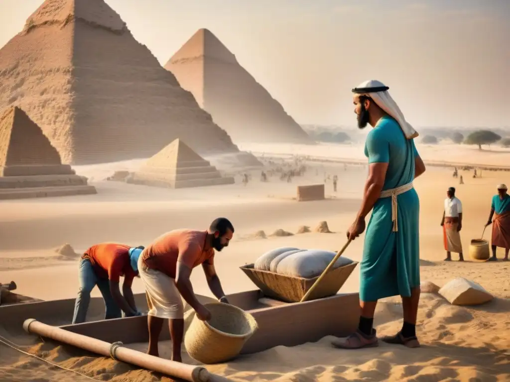 Trabajadores egipcios bajo el sol, construyendo las pirámides de Giza en condiciones duras