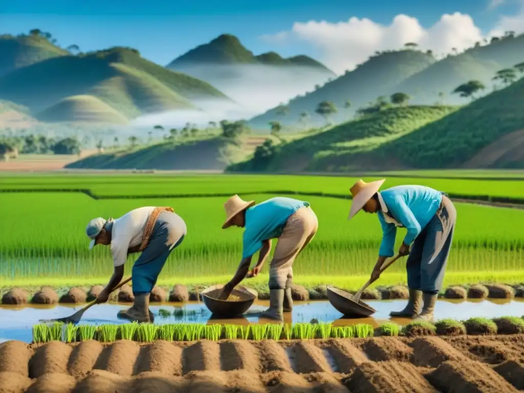 Trabajadores malgaches cultivando arroz bajo el sol colonial en Madagascar, reflejando la historia de Madagascar independencia colonial