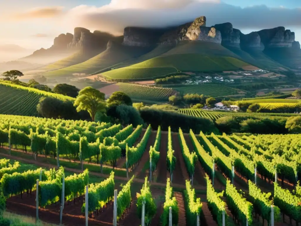 Trabajadores cuidando viñedos en Stellenbosch al atardecer, con Table Mountain de fondo