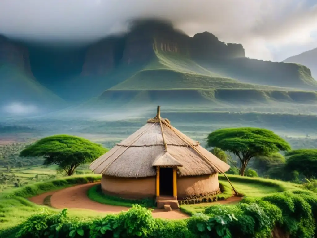 Diseño tradicional de casas Tukul en Etiopía con techo de paja, paredes de barro y paisaje montañoso verde de fondo