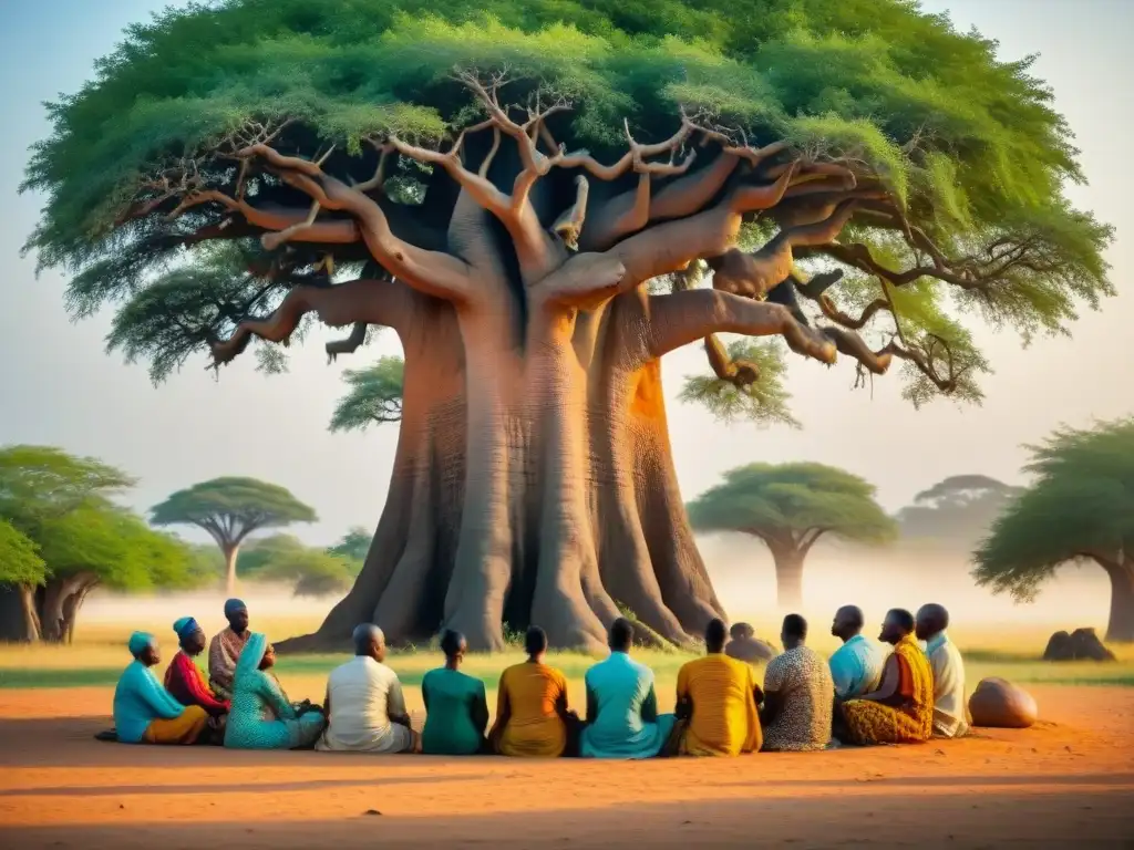 Meditación en tradiciones espirituales africanas: Grupo en meditación bajo un Baobab, rodeados de naturaleza exuberante