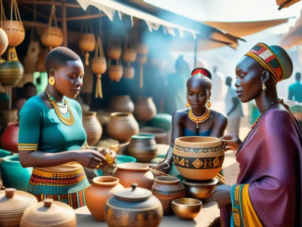 Travesía del arte africano: mercado vibrante con máscaras, textiles, cerámica y artesanías tradicionales, artesanos locales y clientes