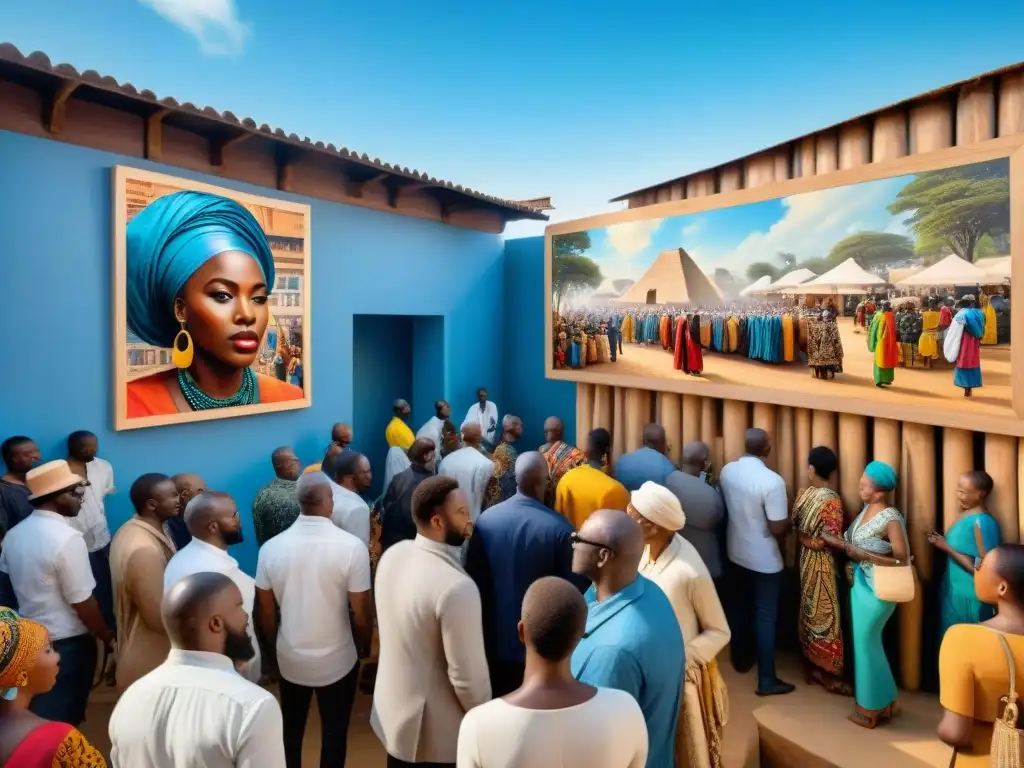 Travesía del arte africano: Escena vibrante de mercado de arte con colores y cultura africana en una ciudad africana