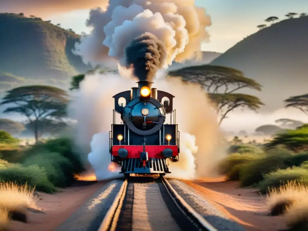 Un tren a vapor atraviesa la sabana africana al atardecer, evocando los ferrocarriles en África colonial