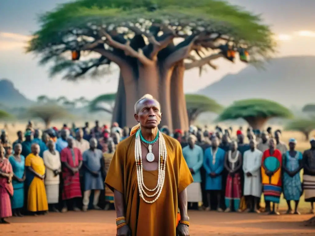 Líder tribal africano en ceremonia espiritual bajo baobab, resplandeciendo en vestimenta colorida y cuentas, rodeado de aldeanos maravillados